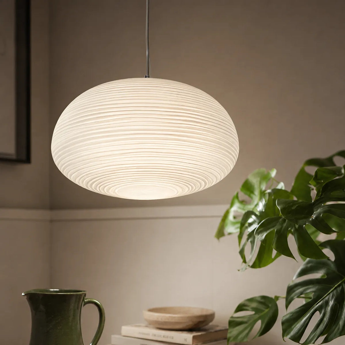 Pendant Light with Ribbed Opal Glass and Adjustable Suspension
