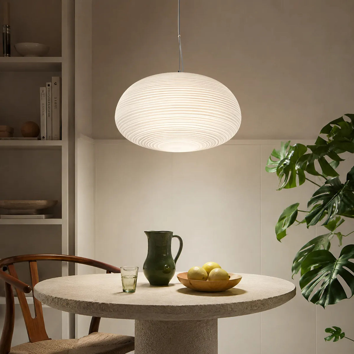Pendant Light with Ribbed Opal Glass and Adjustable Suspension