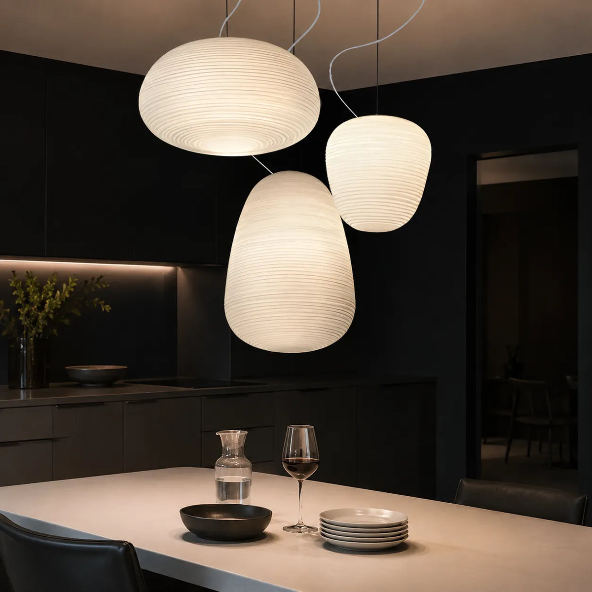 Pendant Light with Ribbed Opal Glass and Adjustable Suspension