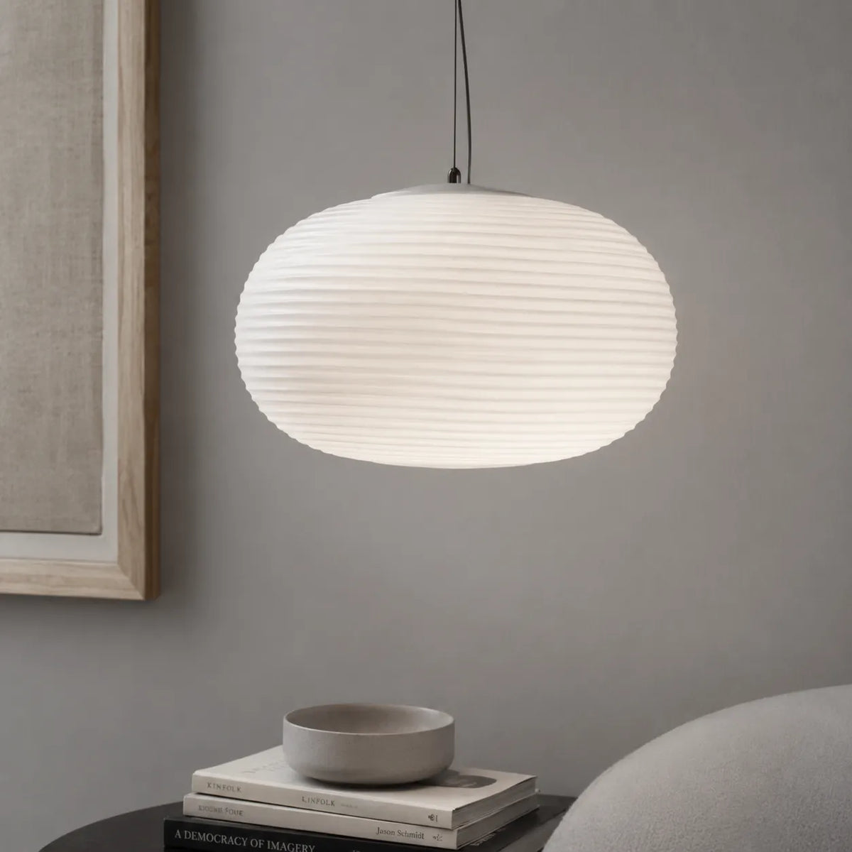 Pendant Light with Ribbed Opal Glass and Adjustable Suspension
