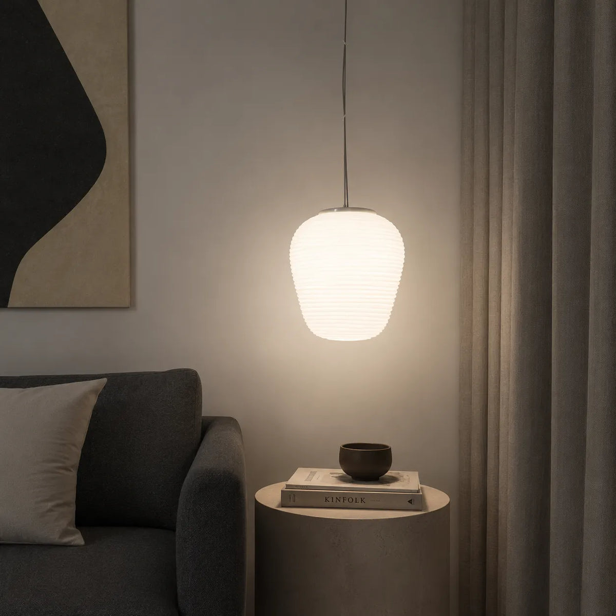 Pendant Light with Ribbed Opal Glass and Adjustable Suspension