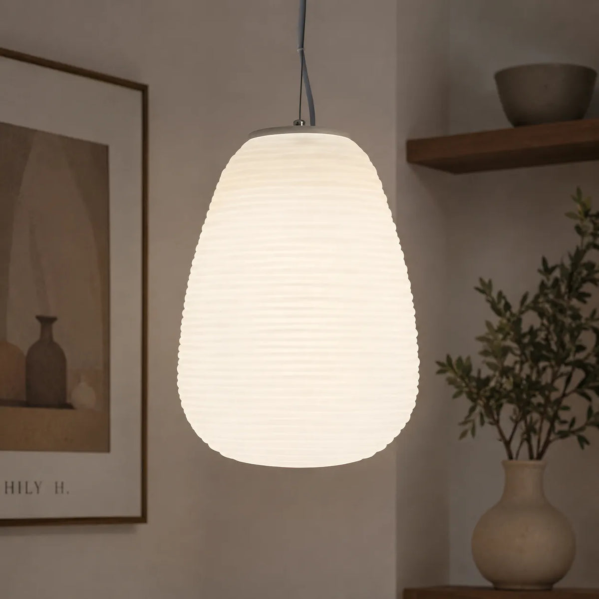 Pendant Light with Ribbed Opal Glass and Adjustable Suspension