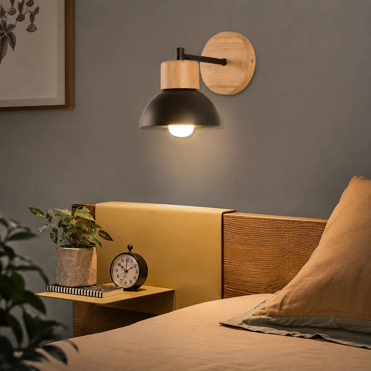 Wandleuchte für den Wohnbereich mit Naturholz und Eisenrahmen, moderne Nachttischleuchte