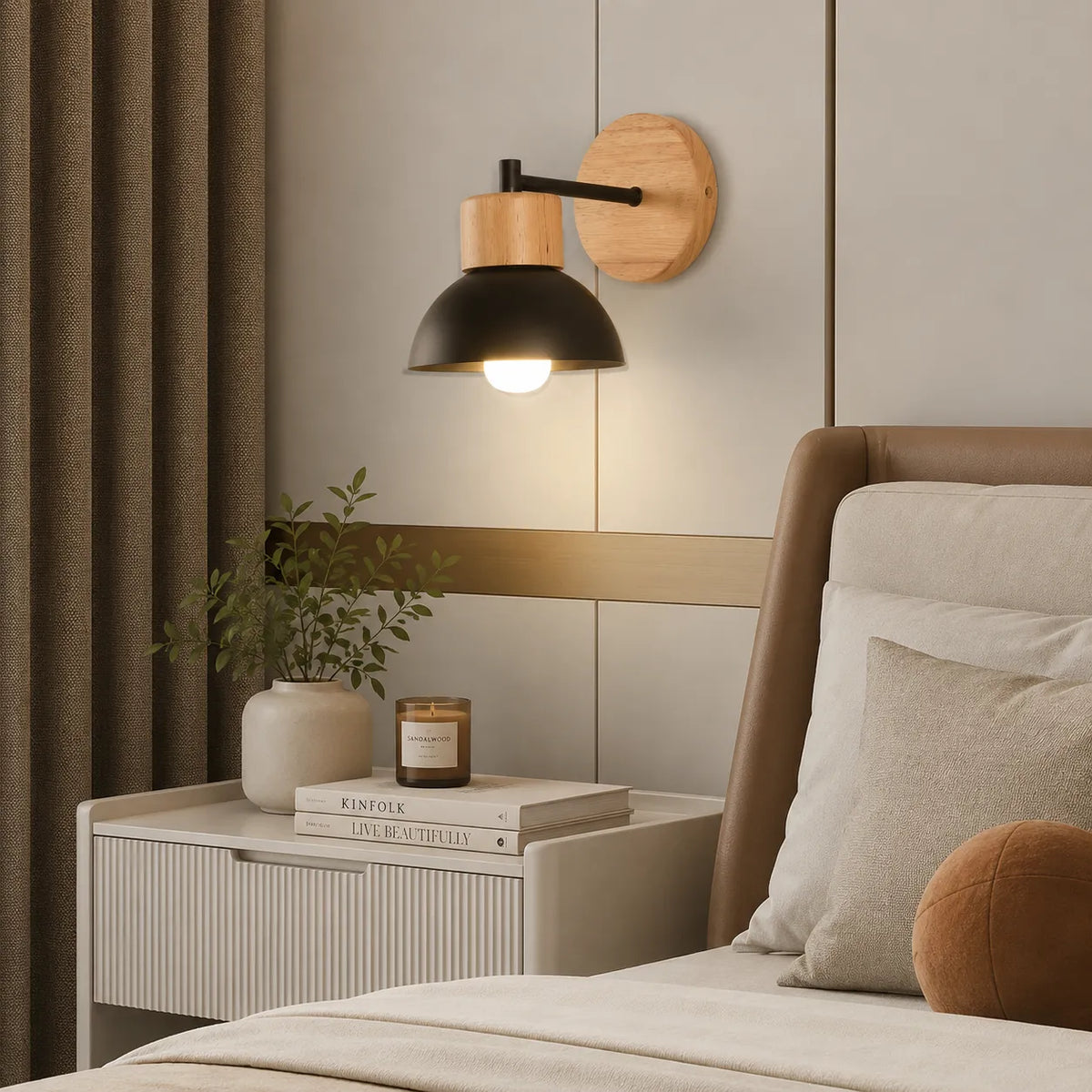 Lounge Wall Lights with Natural Wood and Iron Frame Modern Bedside Sconce