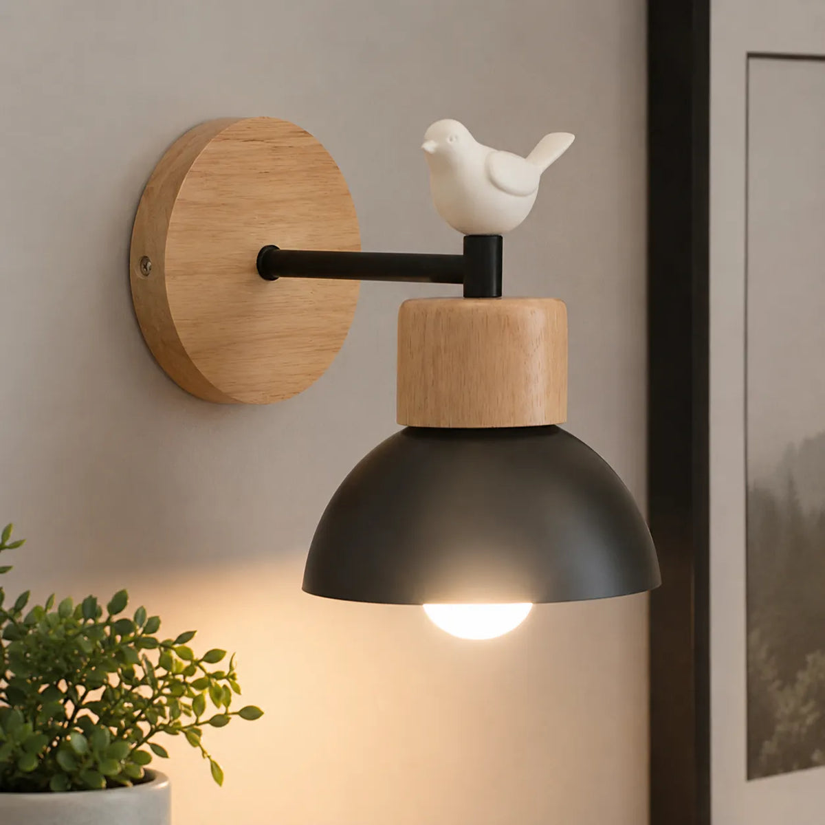 Lounge Wall Lights with Natural Wood and Iron Frame Modern Bedside Sconce