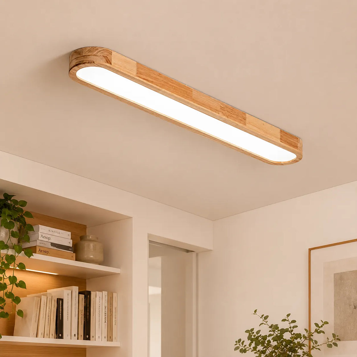 LED Ceiling Light Fixture with Linear Wood Accent for Bedroom Living Room Dining Kitchen