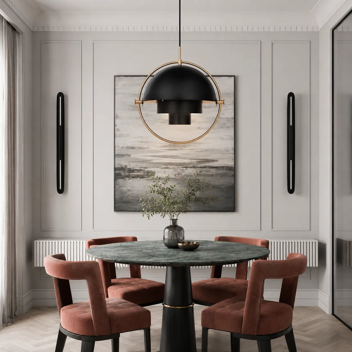 Lámpara colgante con diseño moderno de esfera y carcasa metálica ajustable