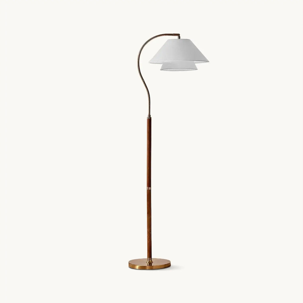 Bogen-Stehlampe mit Mid-Century-Holzgestell und Stoffschirm für das Wohnzimmer