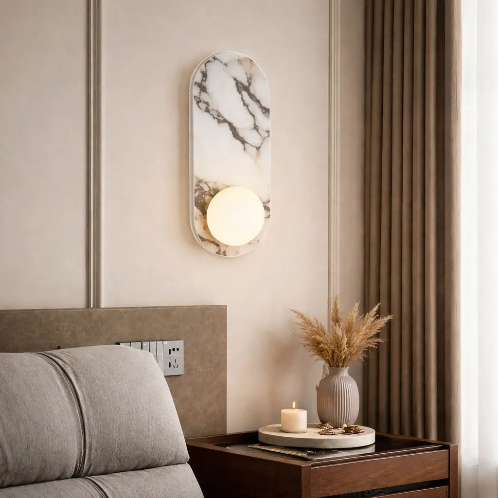 Wall Sconce Lamp with Marble Backplate and Glass Globe Mid Century Modern Lighting