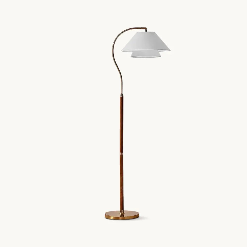Bogen-Stehlampe mit Mid-Century-Holzgestell und Stoffschirm für das Wohnzimmer