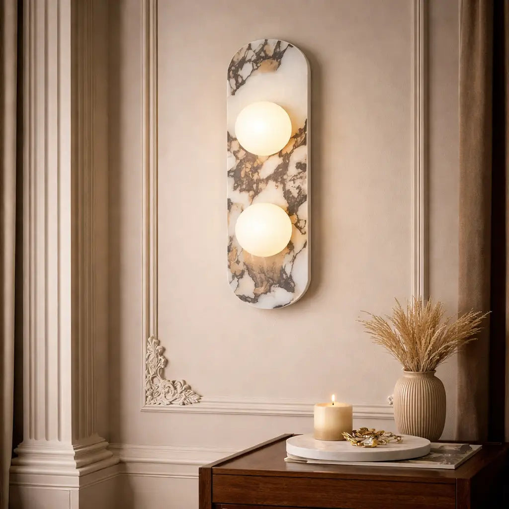 Wall Sconce Lamp with Marble Backplate and Glass Globe Mid Century Modern Lighting
