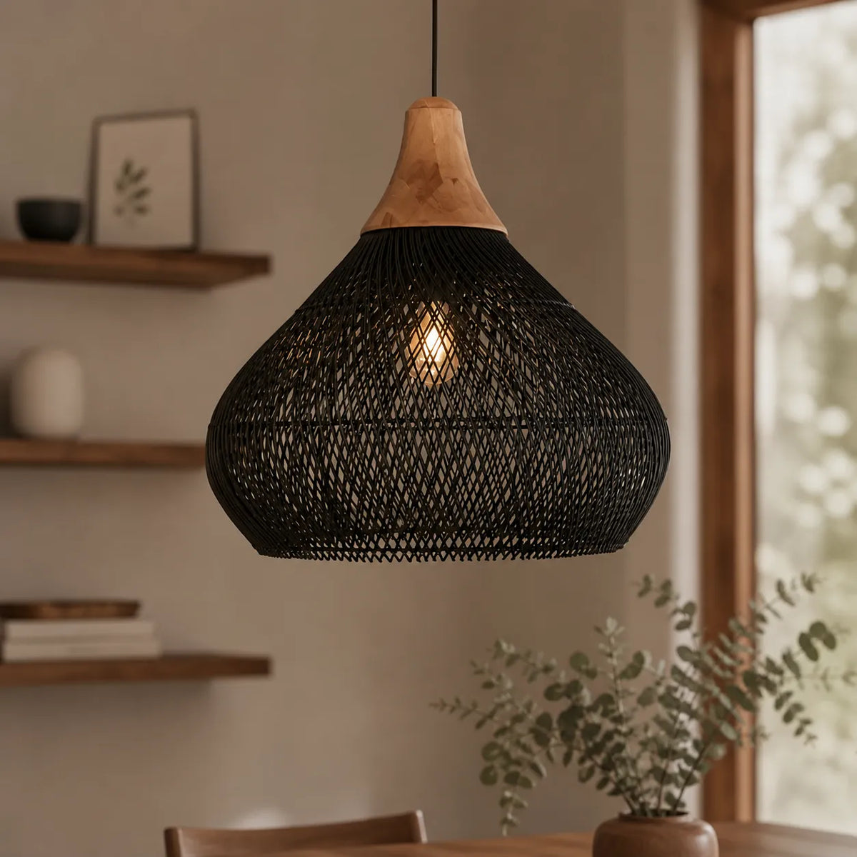 Handwoven Rattan Pendant Light with Open Weave and Soft Ambient Glow