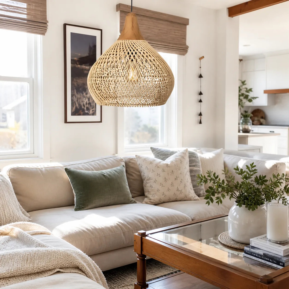 Handwoven Rattan Pendant Light with Open Weave and Soft Ambient Glow