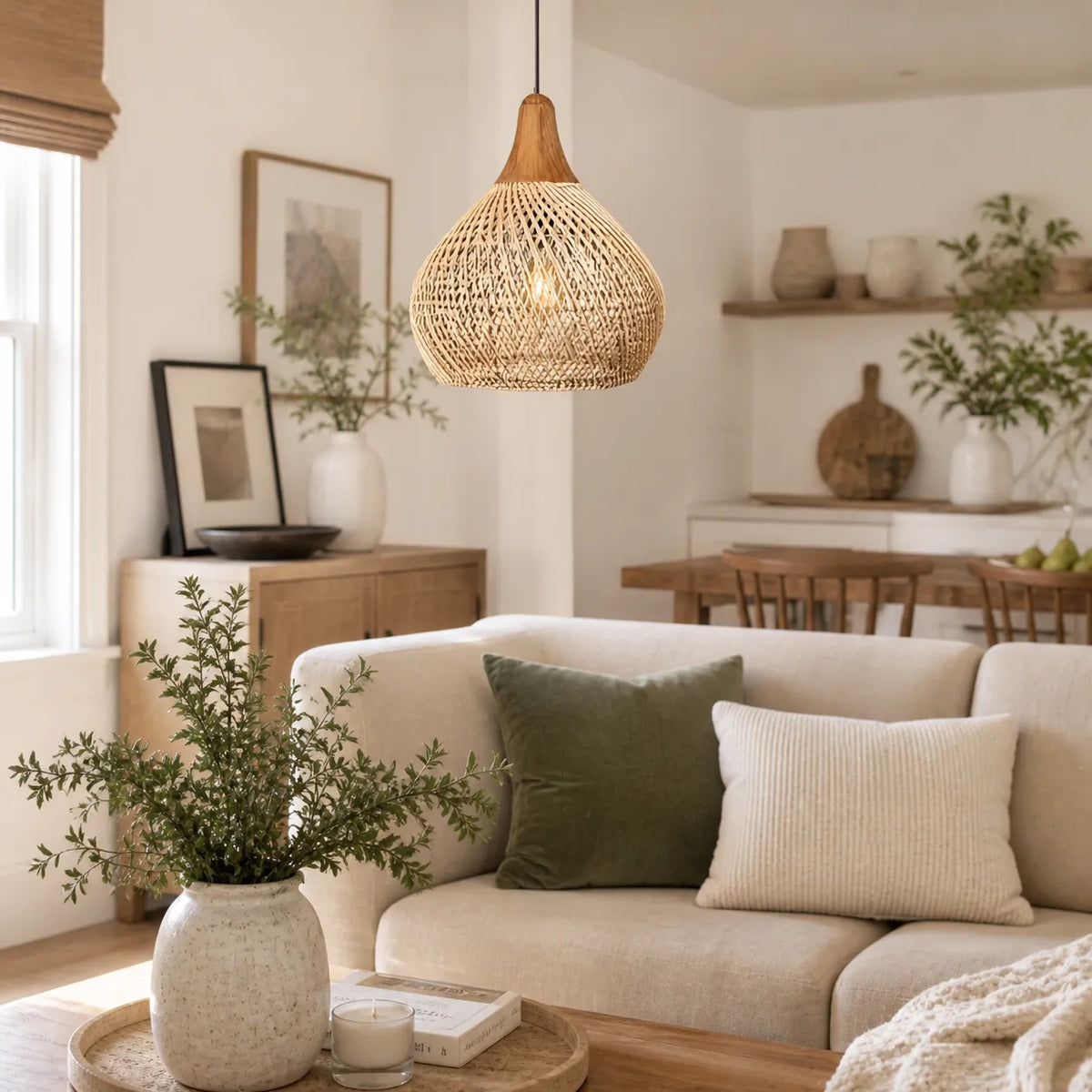 Handwoven Rattan Pendant Light with Open Weave and Soft Ambient Glow