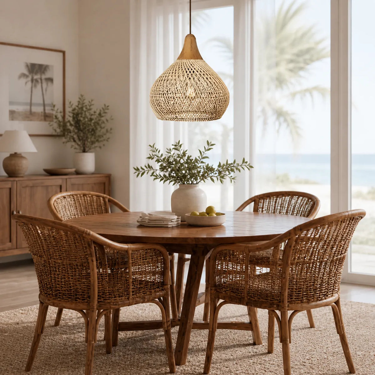 Handwoven Rattan Pendant Light with Open Weave and Soft Ambient Glow