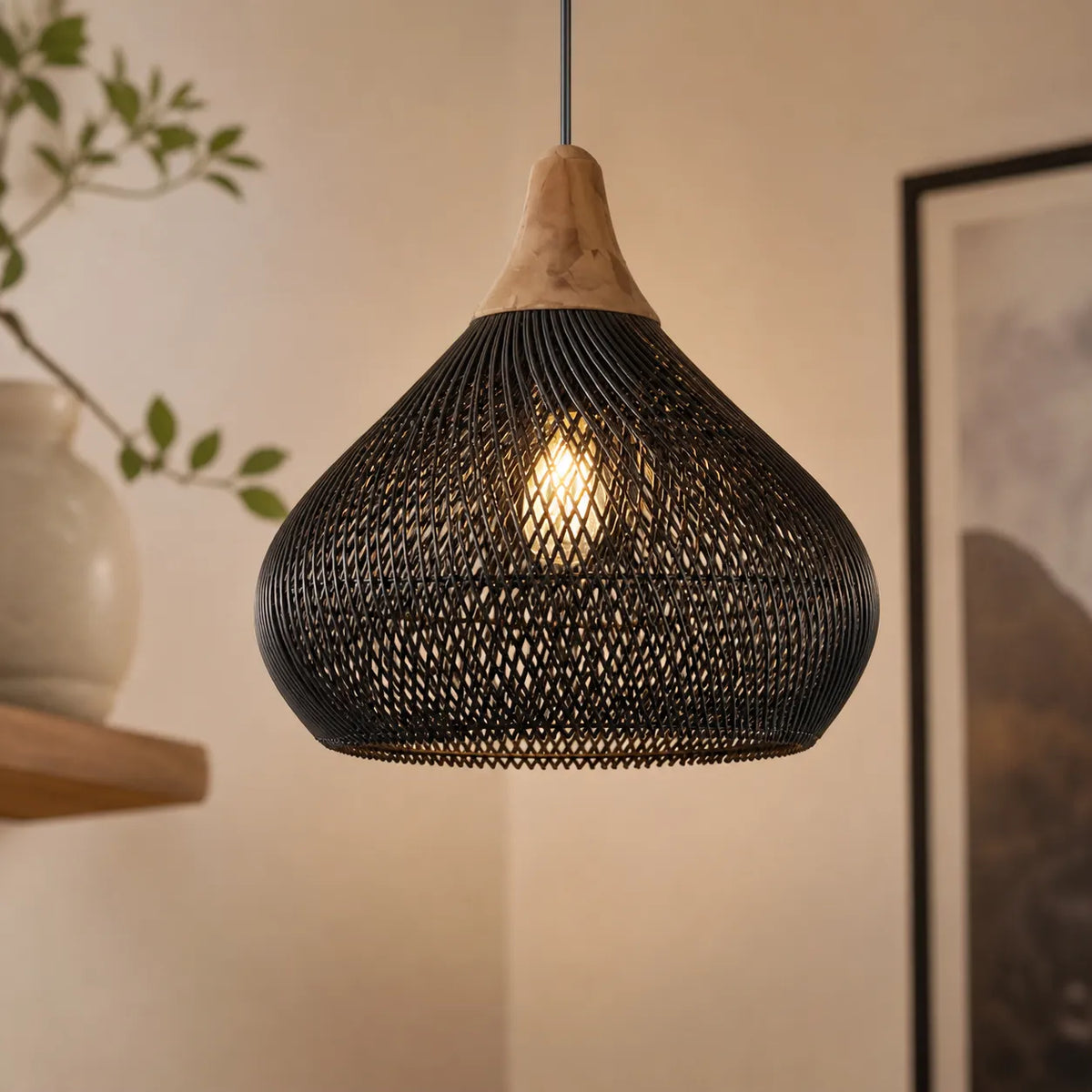 Handwoven Rattan Pendant Light with Open Weave and Soft Ambient Glow