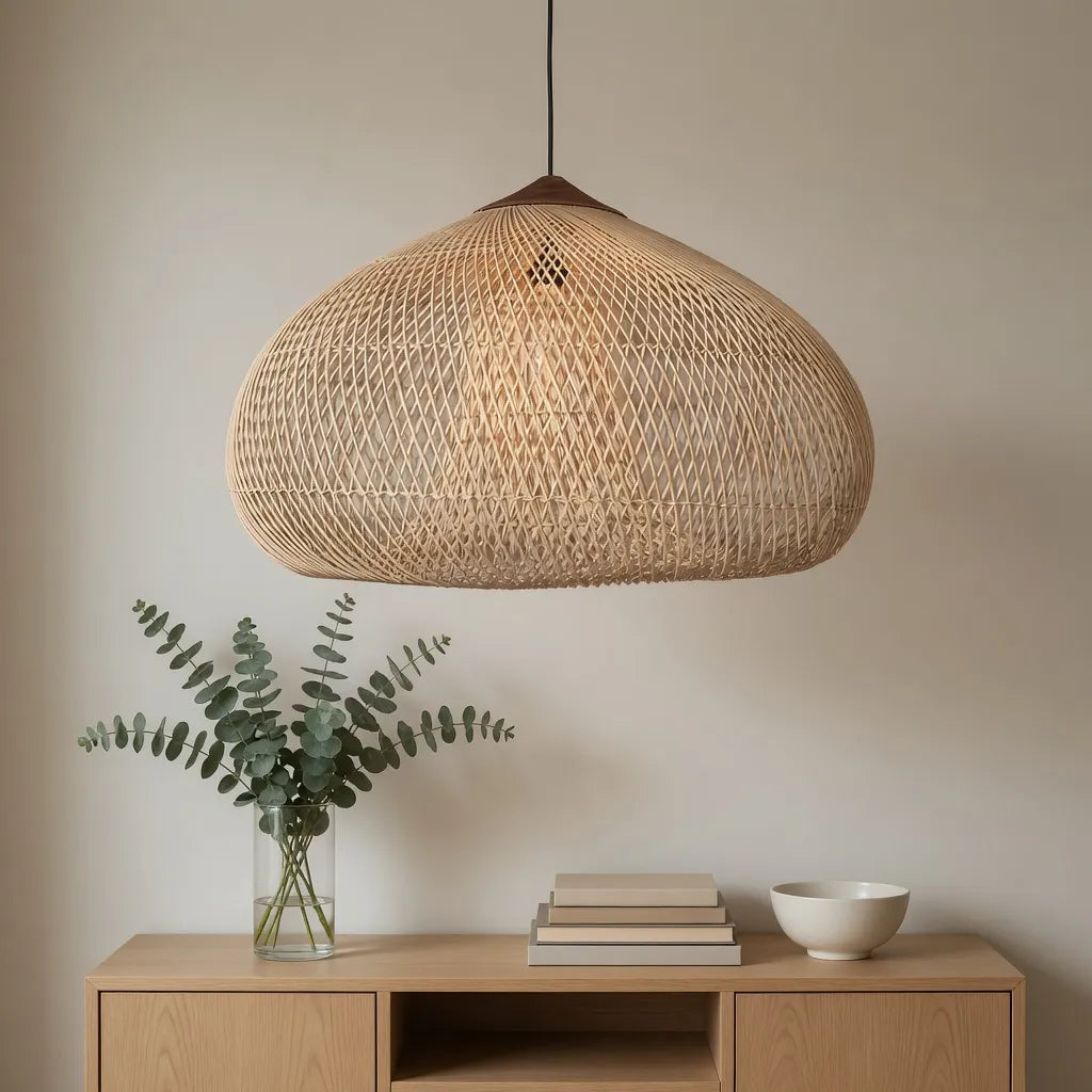 Handgeflochtene Rattan-Pendelleuchte mit offenem Flechtmuster und warmem, stimmungsvollem Licht