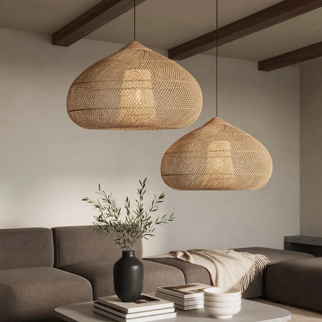 Handgeflochtene Rattan-Pendelleuchte mit offenem Flechtmuster und warmem, stimmungsvollem Licht