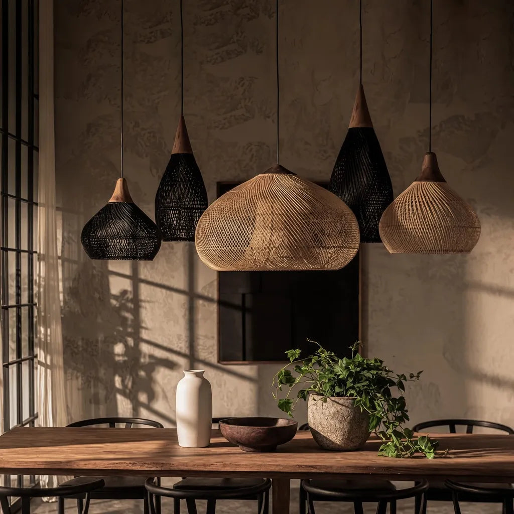 Handgeflochtene Rattan-Pendelleuchte mit offenem Flechtmuster und warmem, stimmungsvollem Licht