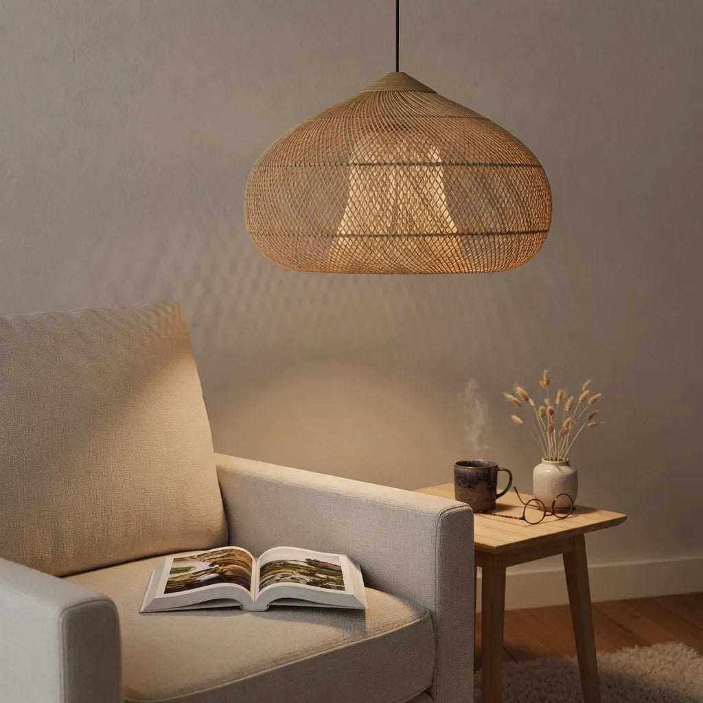 Handgeflochtene Rattan-Pendelleuchte mit offenem Flechtmuster und warmem, stimmungsvollem Licht