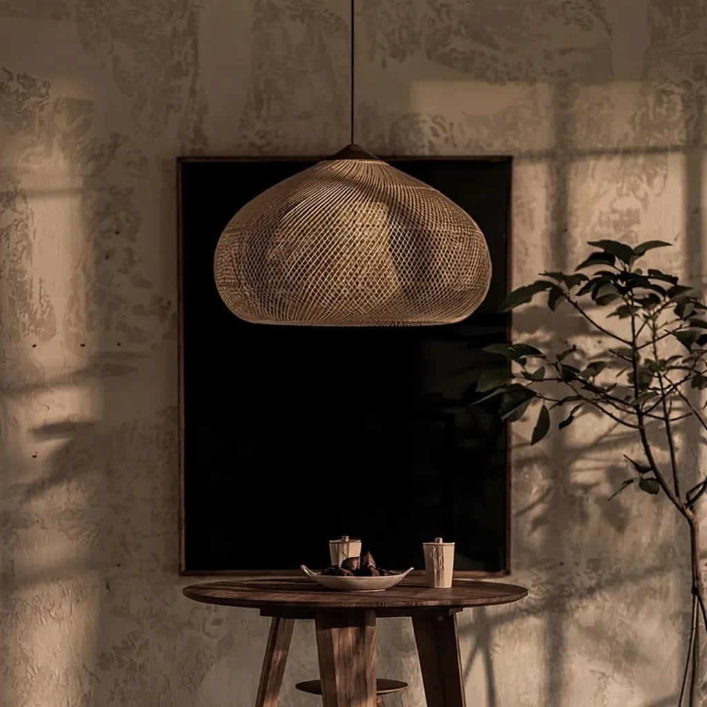 Handgeflochtene Rattan-Pendelleuchte mit offenem Flechtmuster und warmem, stimmungsvollem Licht