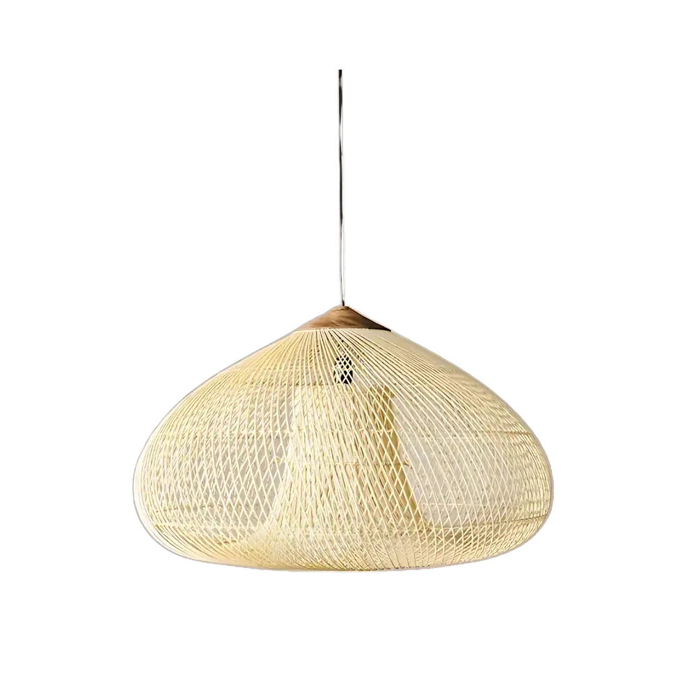 Handgeflochtene Rattan-Pendelleuchte mit offenem Flechtmuster und warmem, stimmungsvollem Licht