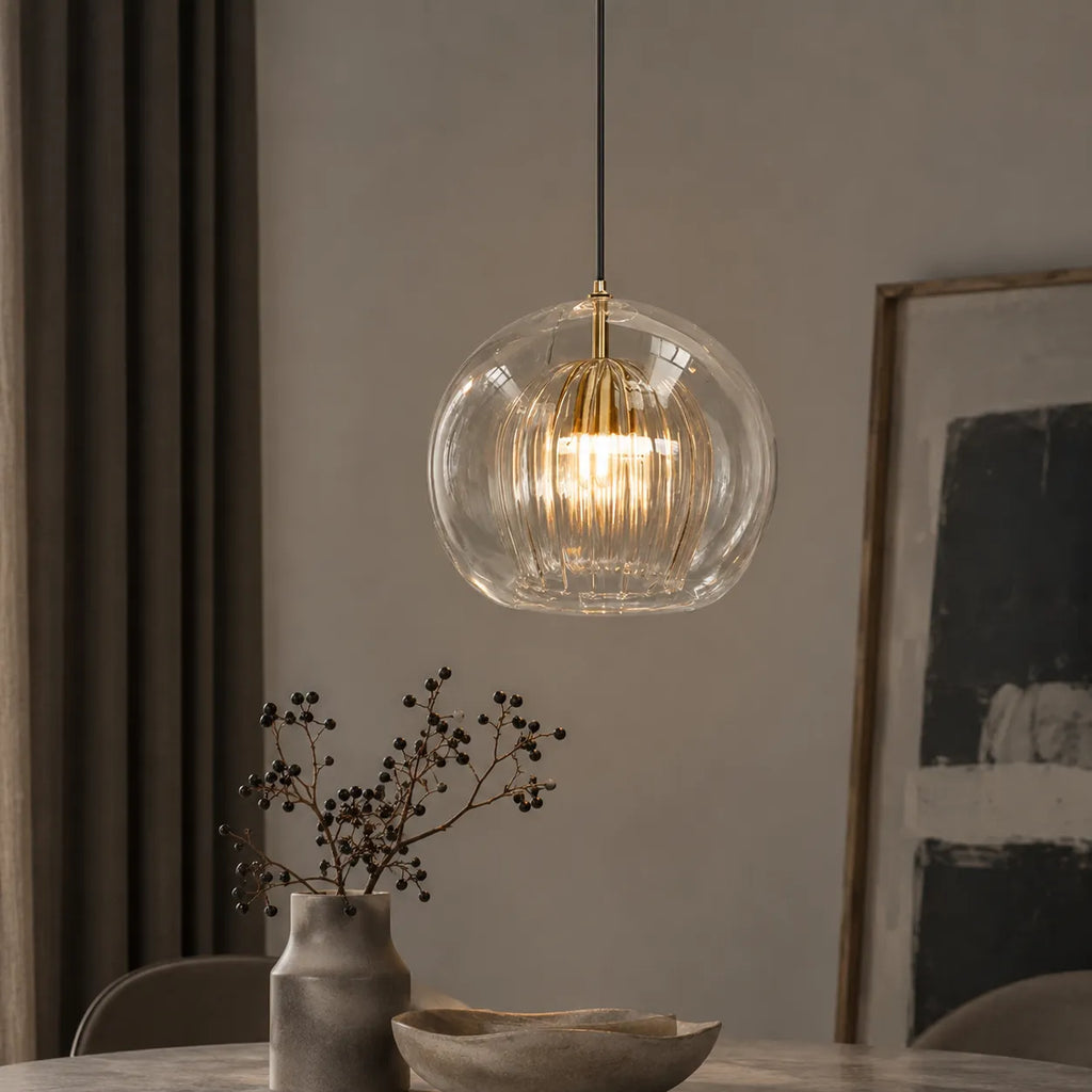 Kitchen Pendant Light Fixtures with Spherical Glass Shade and Iron Fitting