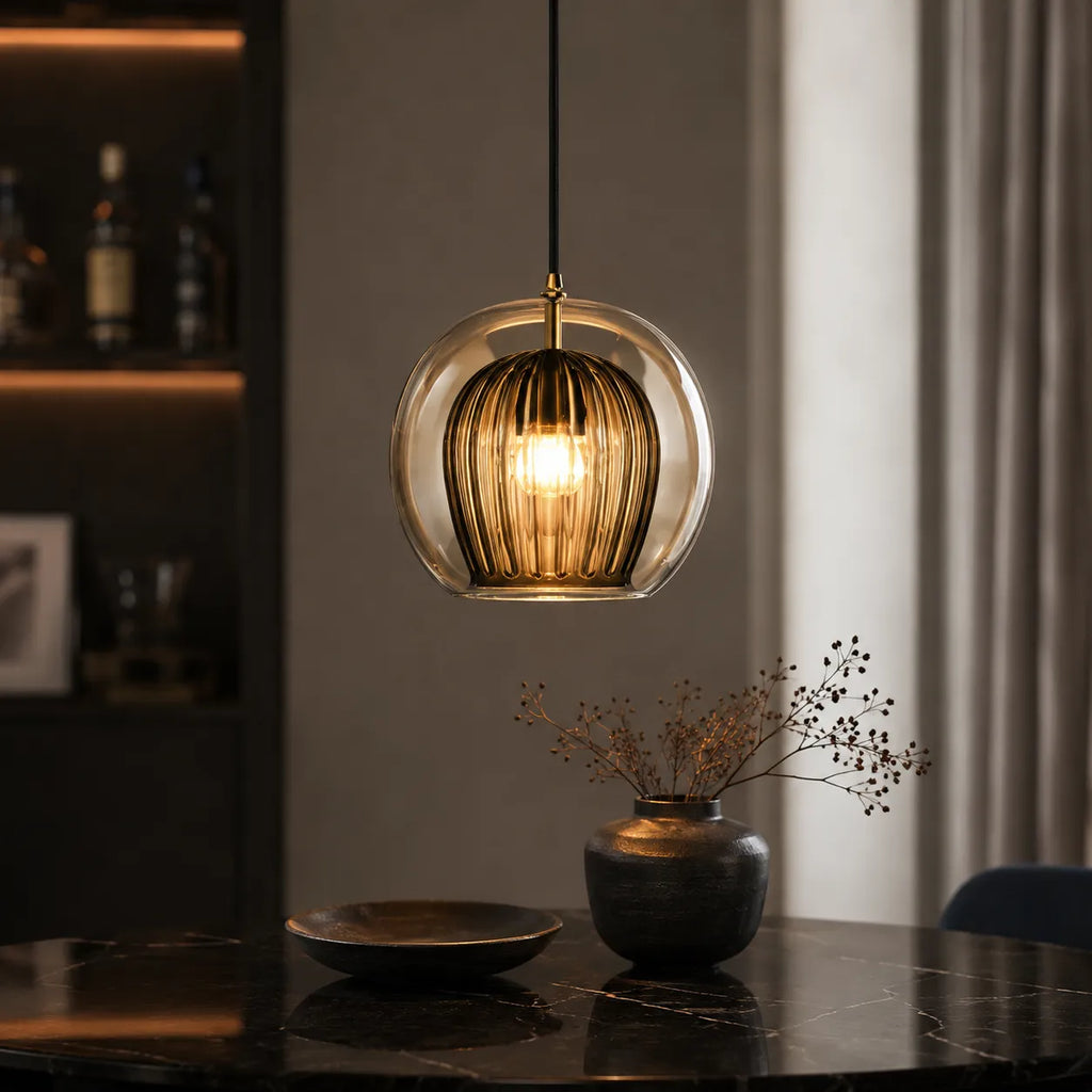 Kitchen Pendant Light Fixtures with Spherical Glass Shade and Iron Fitting