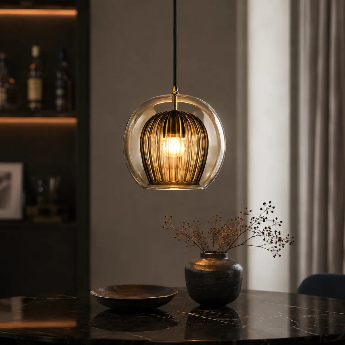 Kitchen Pendant Light Fixtures with Spherical Glass Shade and Iron Fitting