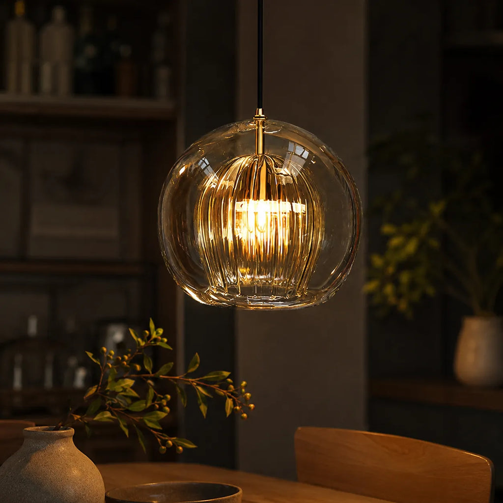 Kitchen Pendant Light Fixtures with Spherical Glass Shade and Iron Fitting