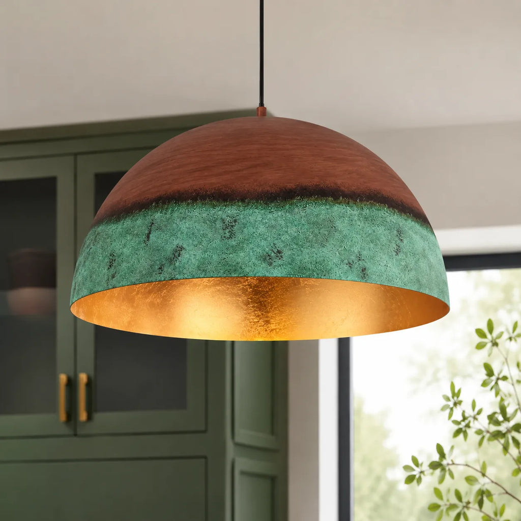 Perla Pendelleuchte im Landhausstil mit Kupfer- und grüner Domkuppel