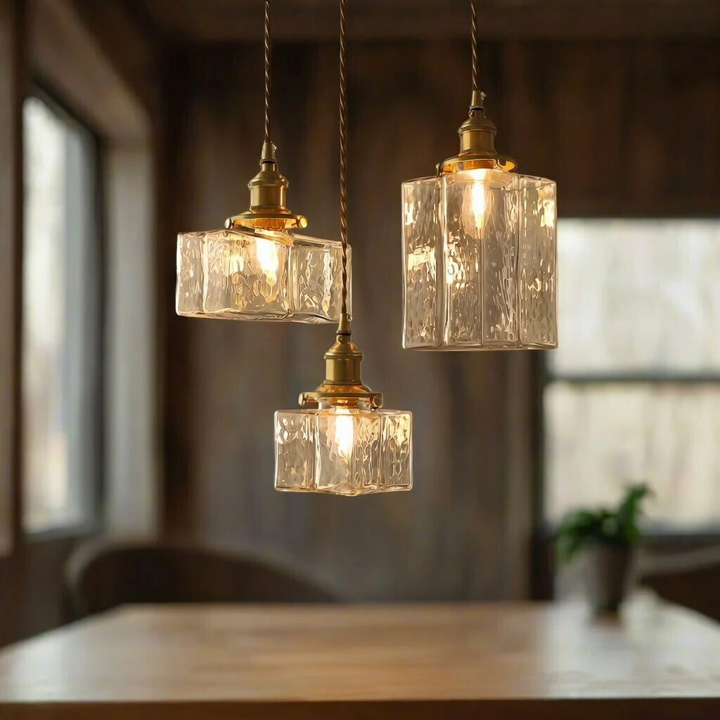 Pendant Light with Hand-Textured Glass and Antique Brass Hardware