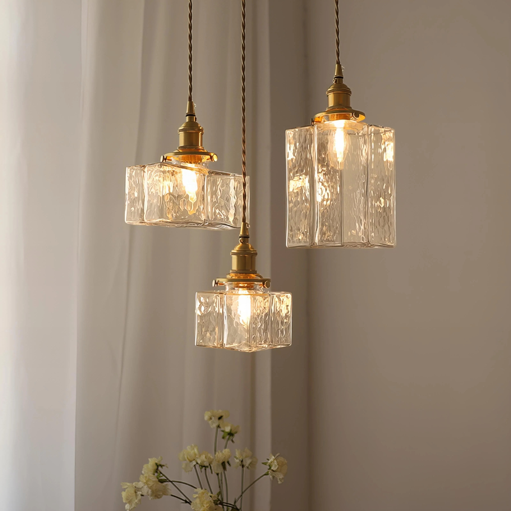 Pendant Light with Hand-Textured Glass and Antique Brass Hardware