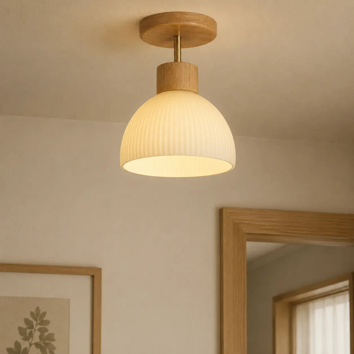 Plafonnier de cuisine avec touche de bois scandinave et abat-jour nervuré en forme de cloche