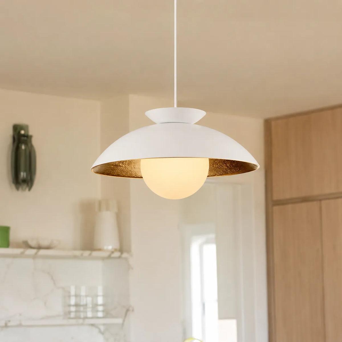 Pendant Light with Glass Globe Dome and Gold Leaf Interior