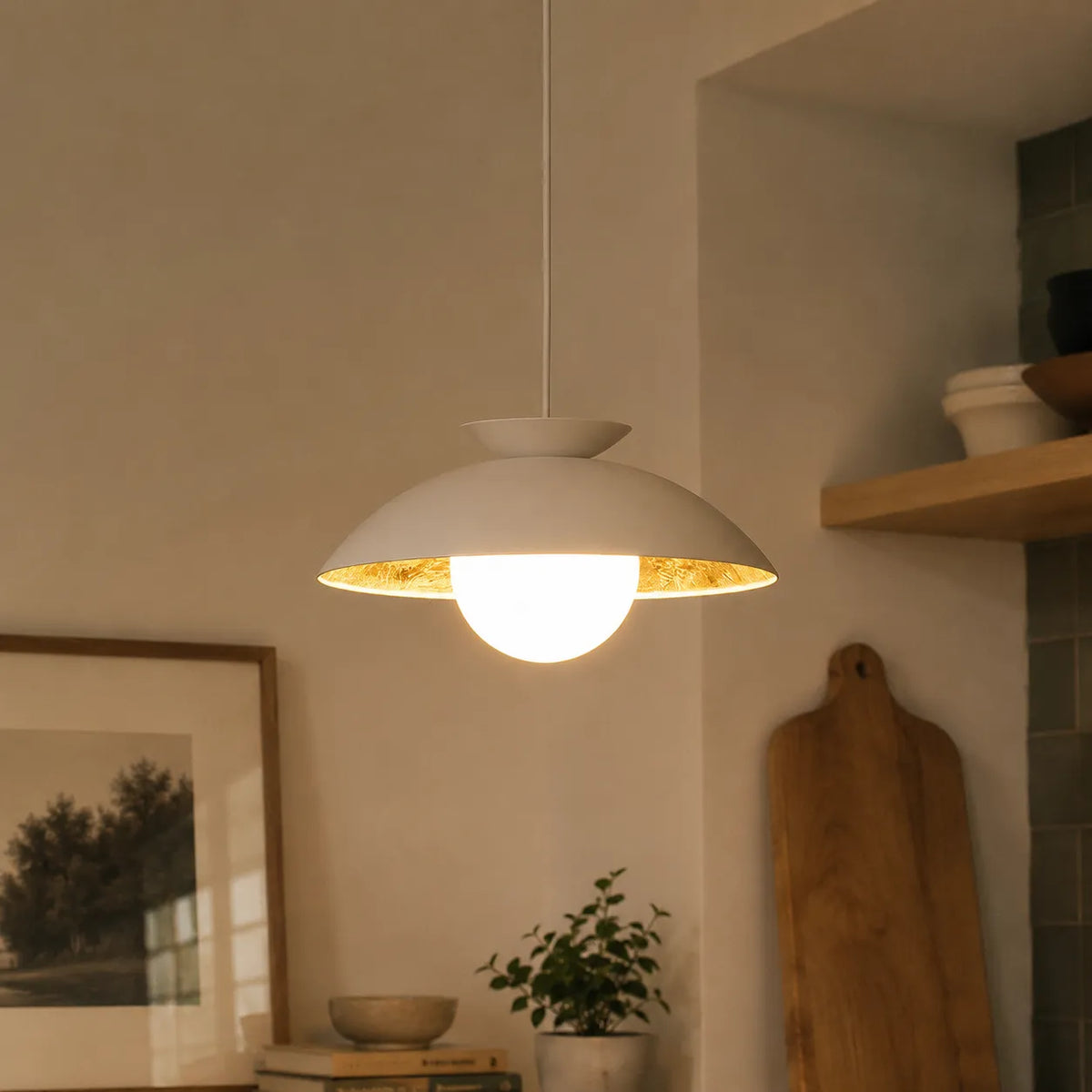 Pendant Light with Glass Globe Dome and Gold Leaf Interior
