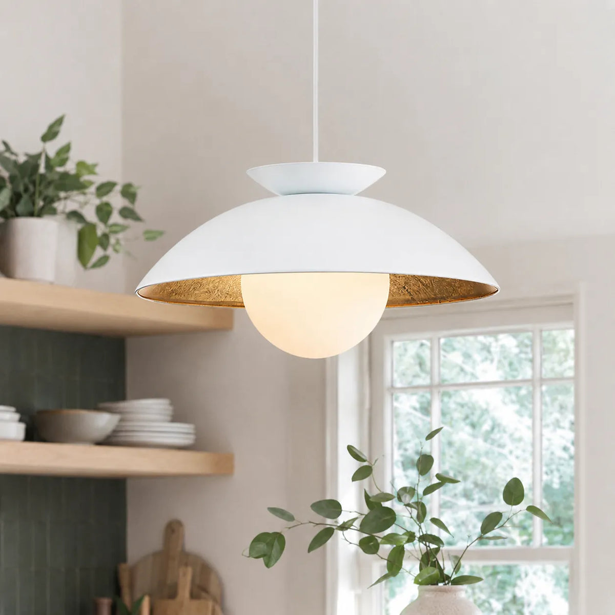 Pendant Light with Glass Globe Dome and Gold Leaf Interior