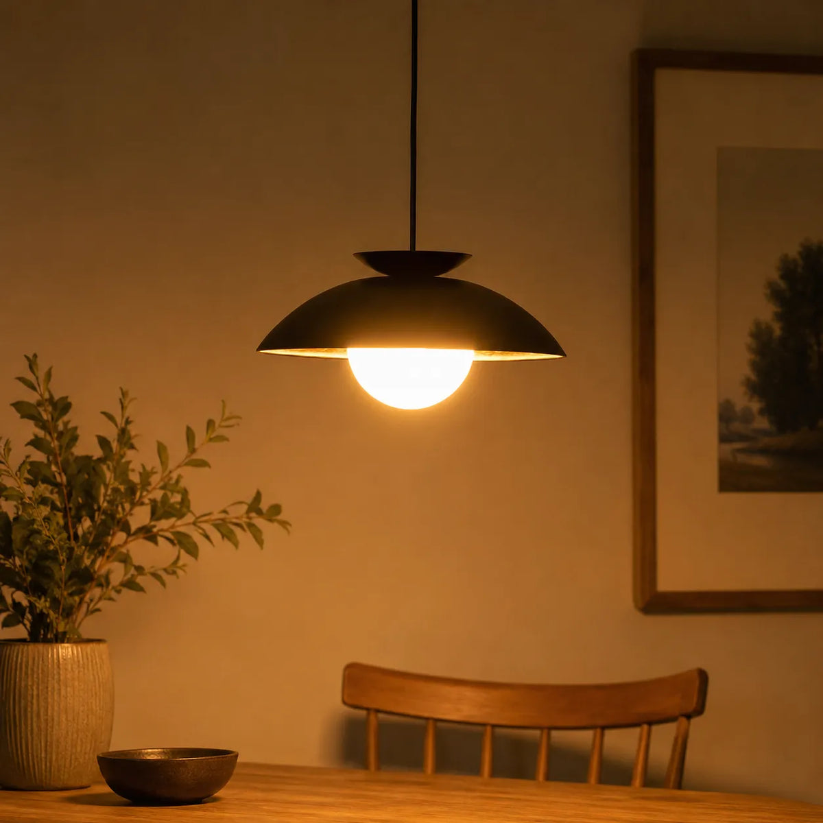 Pendant Light with Glass Globe Dome and Gold Leaf Interior