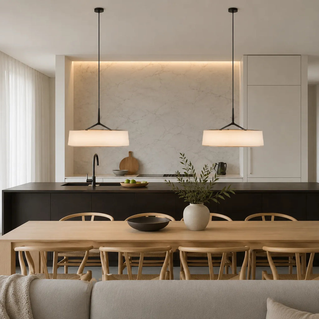 LED Pendant Lights with Scandinavian Drum Fabric Shade and Warm 3000k Integrated