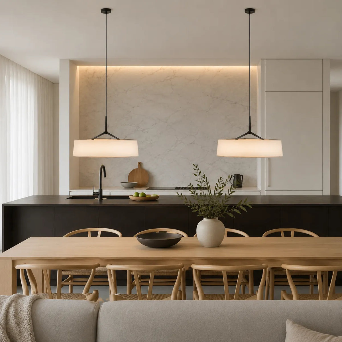 LED Pendant Lights with Scandinavian Drum Fabric Shade and Warm 3000k Integrated