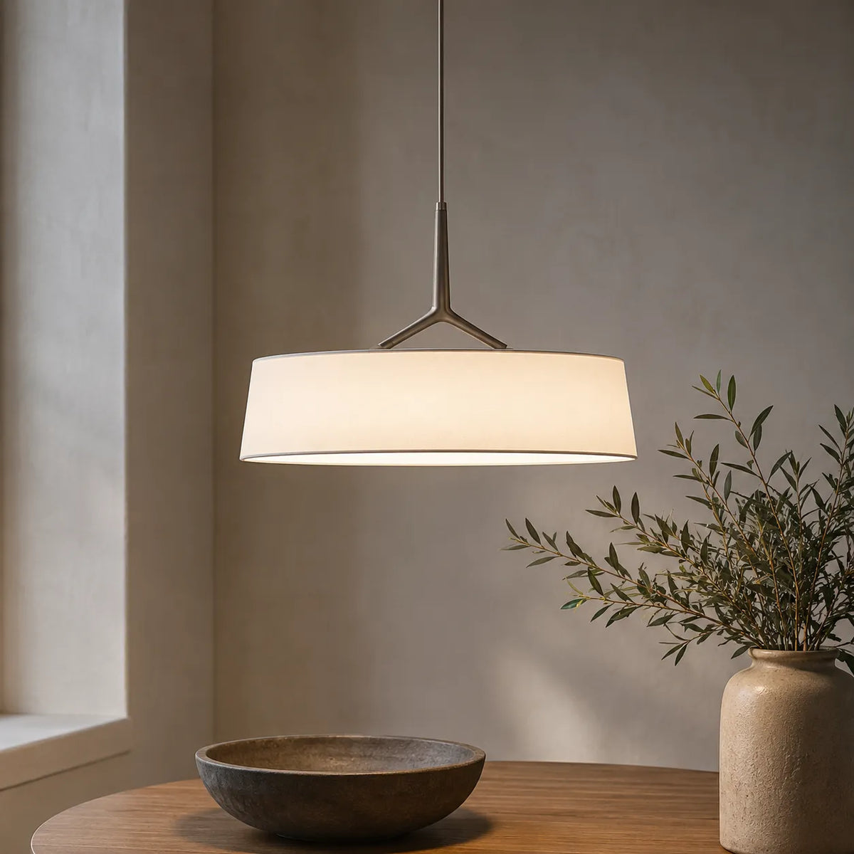 LED Pendant Lights with Scandinavian Drum Fabric Shade and Warm 3000k Integrated