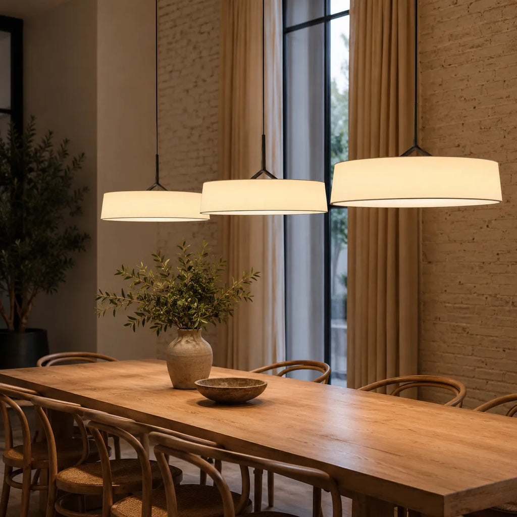 LED Pendant Lights with Scandinavian Drum Fabric Shade and Warm 3000k Integrated