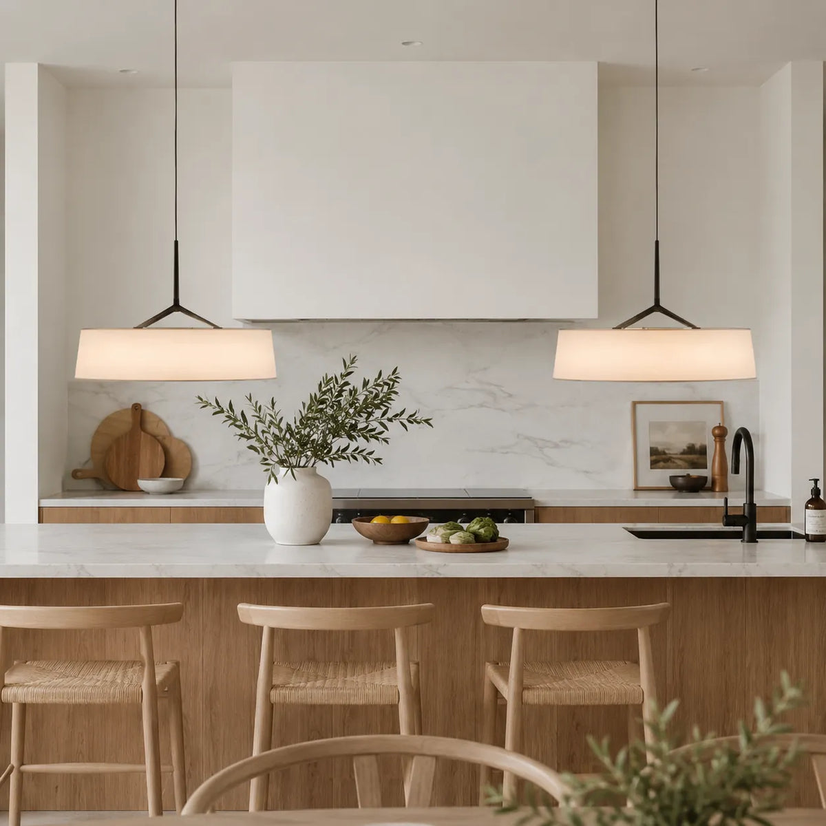 LED Pendant Lights with Scandinavian Drum Fabric Shade and Warm 3000k Integrated