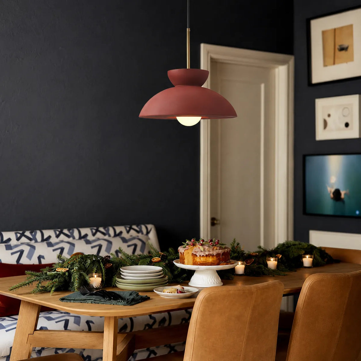 Pendant Light with Matte Resin Dome Shade and Inverted Curved Form