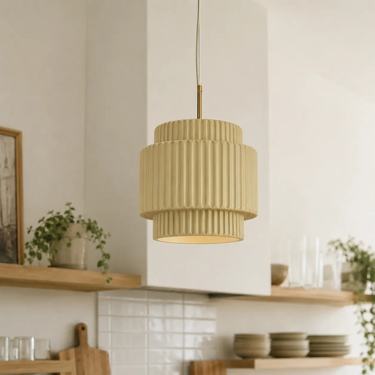 Pendant Light with Tiered Ribbed Resin Shade