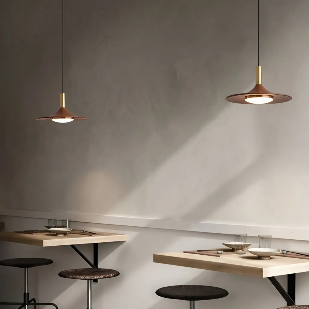 LED Pendant Light with Walnut-Finish Iron Shade and Adjustable Suspension for Kitchen Dining