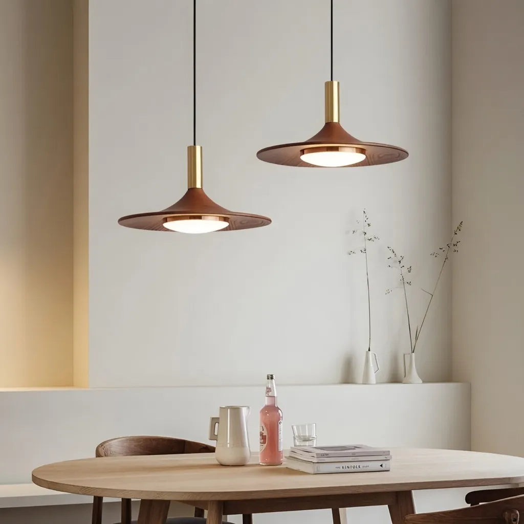 Lámpara colgante LED con pantalla de hierro con acabado de nogal y suspensión ajustable para cocina y comedor