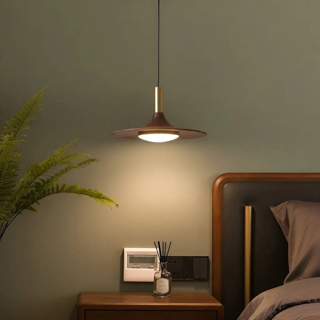 Lámpara colgante LED con pantalla de hierro con acabado de nogal y suspensión ajustable para cocina y comedor