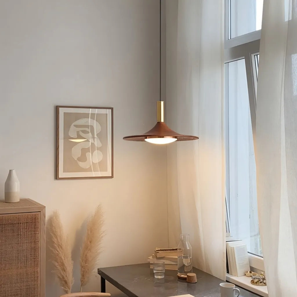 Lámpara colgante LED con pantalla de hierro con acabado de nogal y suspensión ajustable para cocina y comedor
