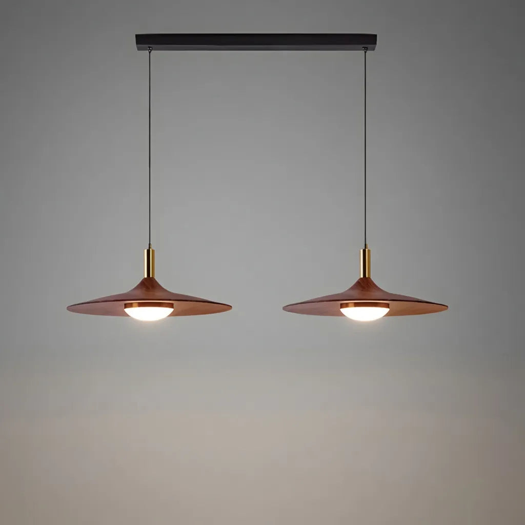 Lámpara colgante LED con pantalla de hierro con acabado de nogal y suspensión ajustable para cocina y comedor